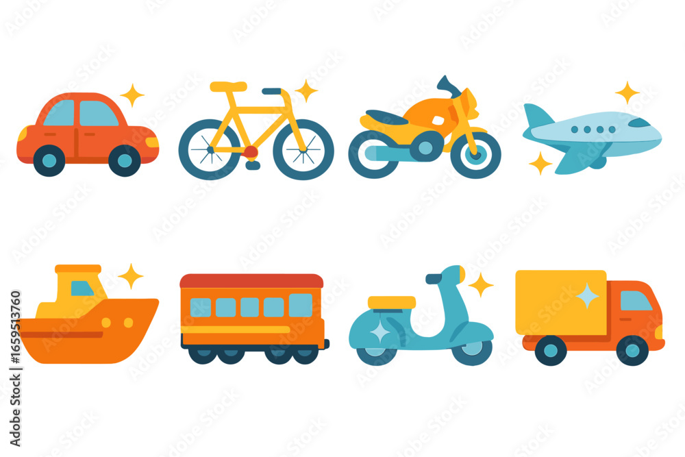 Naklejka premium Colorful Shiny Vehicles. Flat vector mini-illustrations shiny vehicles in colors children's illustrations: polished car, shiny