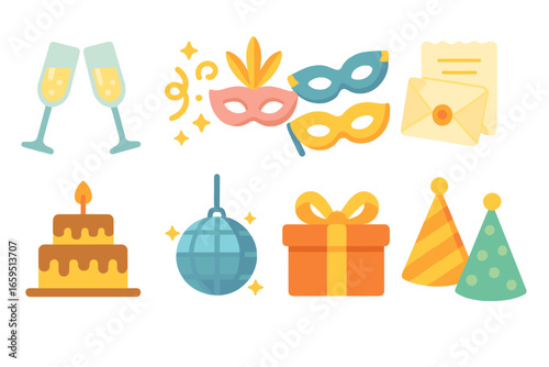 Colorful Party Icons. Flat vector mini-illustrations deluxe party items in colors children's illustrations: champagne glasses,