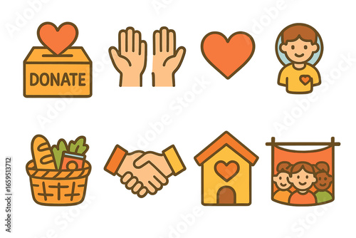 Community Outreach Icons. Flat vector mini-illustrations Community outreach and nonprofit services in colors