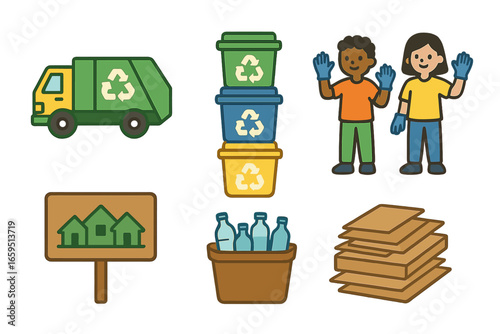 Community Recycling Day Icons. Flat vector mini-illustrations Community recycling day in colors children's