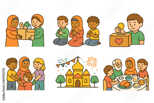 Community Through Religion. Flat vector mini-illustrations Role of religion in community in colors children's