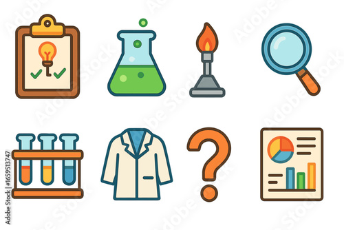 Colorful Science Icons. Flat vector mini-illustrations experimental hypothesis in colors children's illustrations: clipboard,
