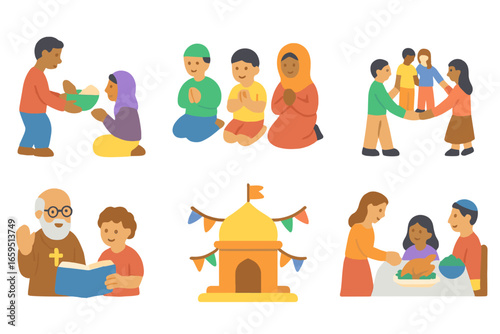 Community Through Religion. Flat vector mini-illustrations Role of religion in community in colors children's