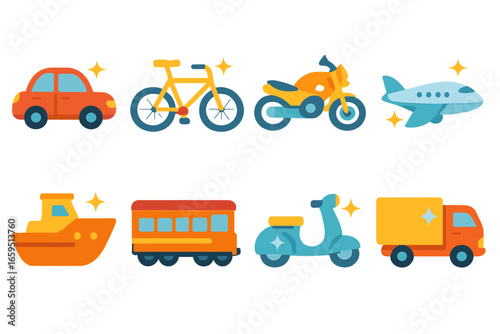 Colorful Shiny Vehicles. Flat vector mini-illustrations shiny vehicles in colors children's illustrations: polished car, shiny