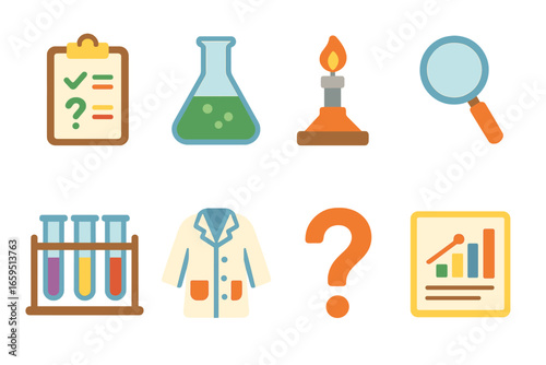 Colorful Science Icons. Flat vector mini-illustrations experimental hypothesis in colors children's illustrations: clipboard,