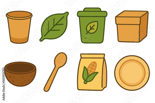 Compostable Packaging Icons. Flat vector mini-illustrations compostable packaging in colors children's