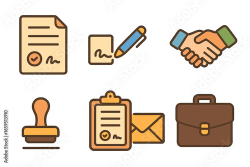 Contract Icons for Kids. Flat vector mini-illustrations Document signing and contract agreements in colors