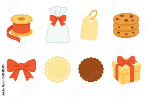 Cookie Gift Bag Icons. Flat vector mini-illustrations Making cookie gift bags in colors children's