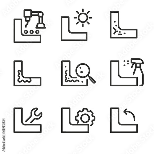 Corrosion Lifecycle Icons. Outline icon set of corrosion lifecycle: metal fabrication, exposure, corrosion initiation, corrosion