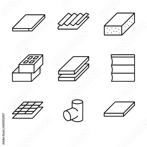 Construction Icons Grid. Outline icon set of lightweight construction elements: aluminum panel, corrugated plastic sheet, foam