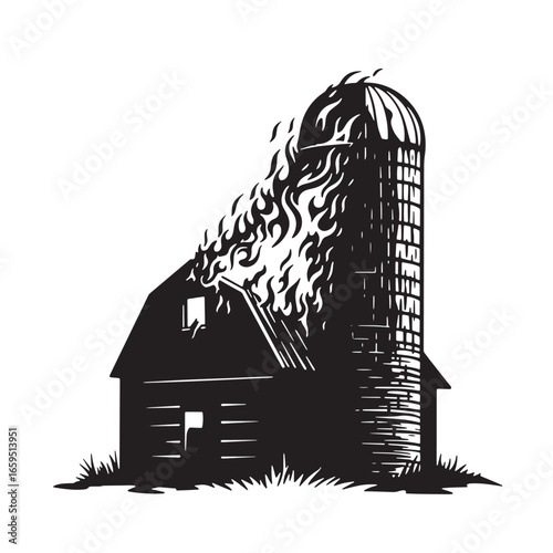 Vector illustration of a burning barn and silo depicting a farm fire disaster