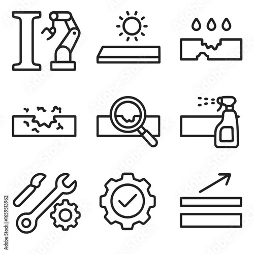 Corrosion Lifecycle Icons. Outline icon set of corrosion lifecycle: metal fabrication, exposure, corrosion initiation, corrosion