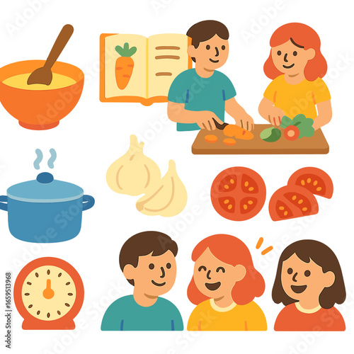 Cooking Fun Together. Flat vector mini-illustrations preparing dinner together in colors children's