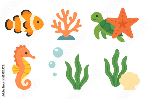 Coral Reef Creatures. Flat vector mini-illustrations coral reef biodiversity in colors children's