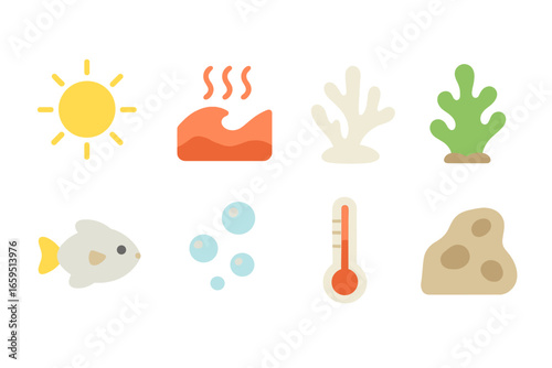 Coral Bleaching Causes. Flat vector mini-illustrations coral bleaching causes in colors children's