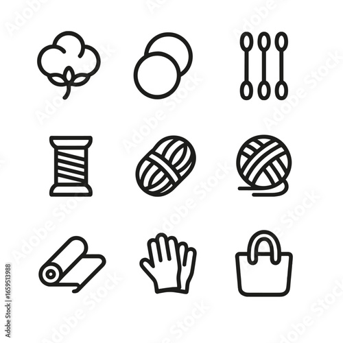 Cotton Accessories Icons. Outline icon set of cotton related accessories: cotton balls, cotton pads, cotton swabs, cotton thread,