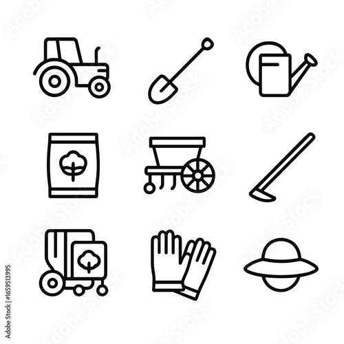 Cotton Farming Tool Icons. Outline icon set of cotton farming tools: tractor, plow, watering can, fertilizer bag, seed drill, hoe,