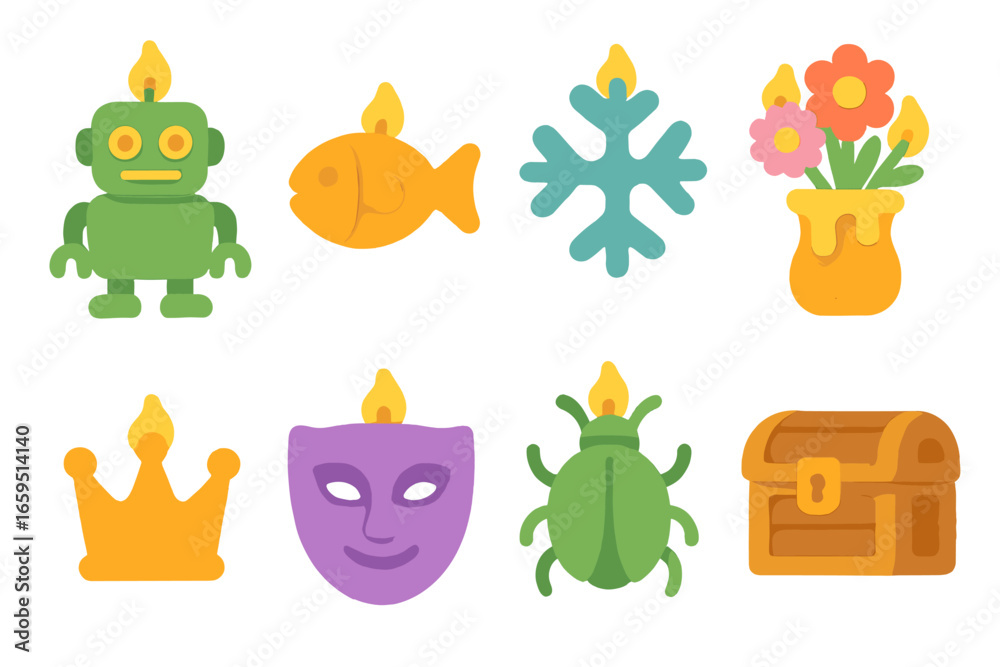 Obraz premium Creative Wax Icons. Flat vector mini-illustrations creative wax projects in colors children's illustrations: wax robot, wax fish,