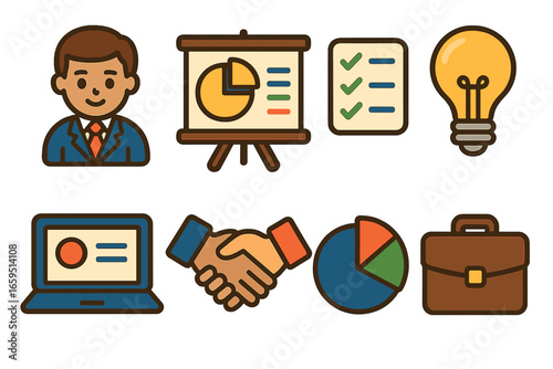 Corporate Training Icons. Flat vector mini-illustrations Corporate training consultants in colors children's