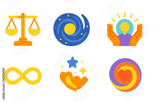 Cosmic Balance Icons. Flat vector mini-illustrations energy flow and cosmic balance in colors children's