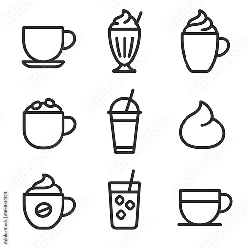 Creamy Beverage Icons. Outline icon set of creamy beverages: latte cup, milkshake glass, creamy coffee, hot chocolate mug,