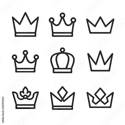 Crown Icon Grid. Outline icon set of crown shapes: pointed crown, rounded crown, flat crown, spiked crown, open crown, closed