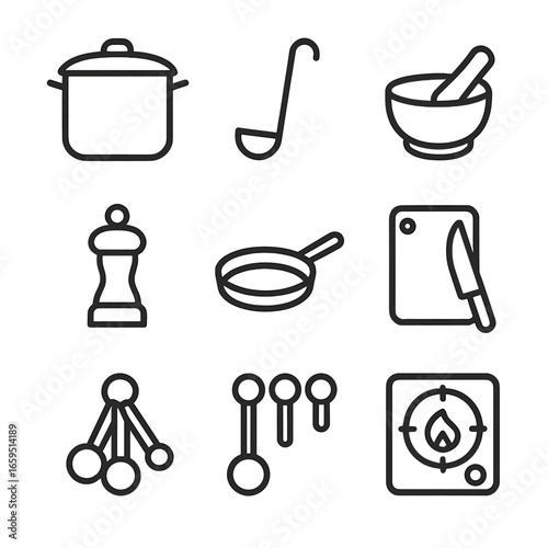 Curry Tools Icon Set. Outline icon set of curry cooking tools: pot, ladle, mortar and pestle, spice grinder, skillet, chopping