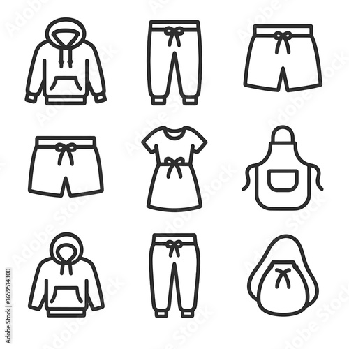 Drawstring Fashion Icons. Outline icon set of drawstring fashion: hooded jacket, sweatpants waistband, gym shorts, swim trunks,