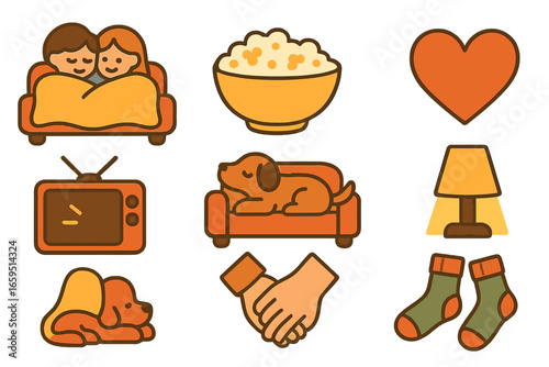 Cozy Couch Cuddles. Flat vector mini-illustrations Couch cuddling moments in colors children's illustrations: