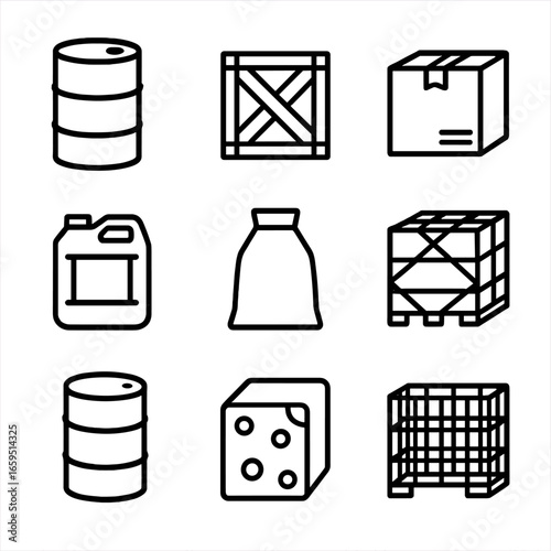 Durable Packaging Icons. Outline icon set of durable packaging: metal drum, wooden crate, reinforced box, heavy-duty plastic