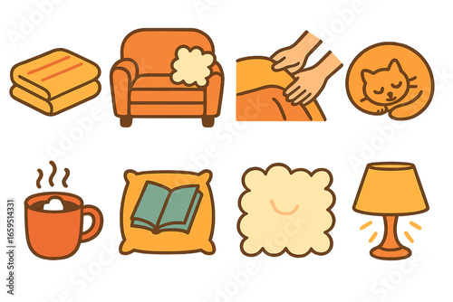 Cozy Couch Vignettes. Flat vector mini-illustrations Adjusting a blanket on the couch in colors children's
