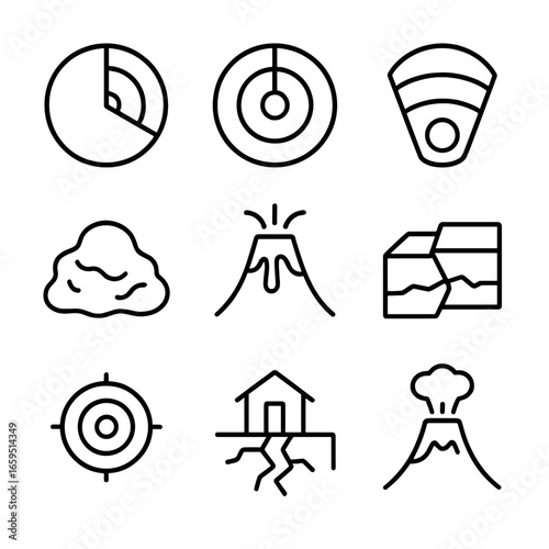 Earth Layers Icons. Outline icon set of earth layers: crust, mantle, outer core, inner core, magma, lava, tectonic fault,