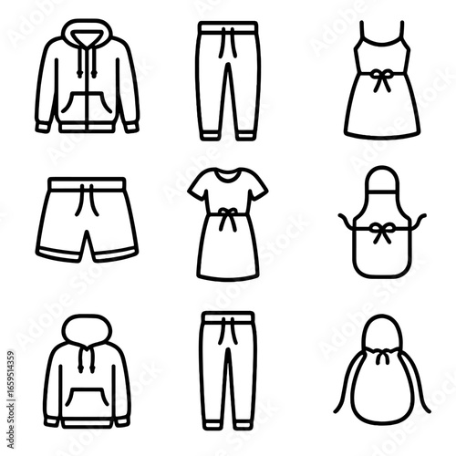 Drawstring Fashion Icons. Outline icon set of drawstring fashion: hooded jacket, sweatpants waistband, gym shorts, swim trunks,
