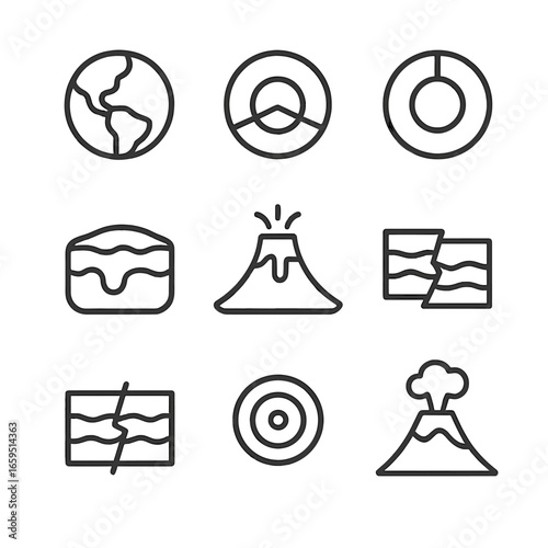 Earth Layers Icons. Outline icon set of earth layers: crust, mantle, outer core, inner core, magma, lava, tectonic fault,
