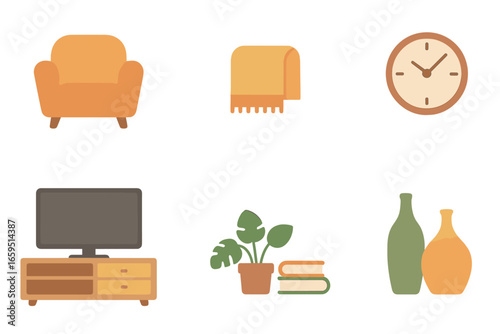 Cozy Living Room Icons. Flat vector mini-illustrations living room gathering in colors children's