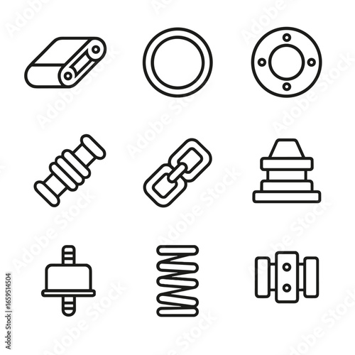 Elastic Icon Set. Outline icon set of elastic industrial uses: conveyor belts, elastic seals, elastic gaskets, elastic hoses,