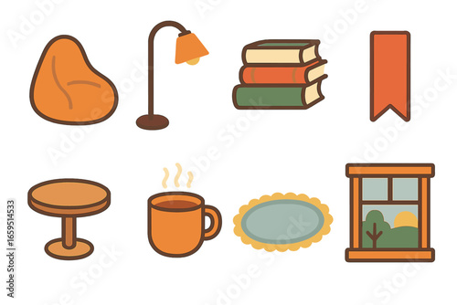 Cozy Reading Nook Icons. Flat vector mini-illustrations Cozy reading corners in colors children's