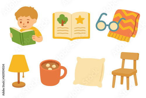 Cozy Reading Icons. Flat vector mini-illustrations kids reading quietly in colors children's illustrations:
