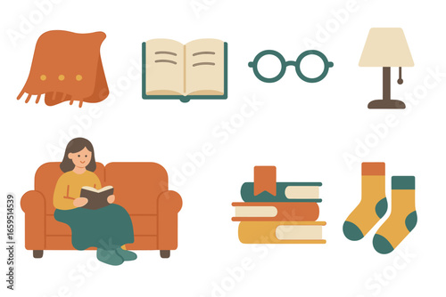 Cozy Reading Moments. Flat vector mini-illustrations Relaxing with a book on the couch in colors children's