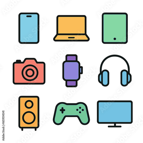 Electronic Icons Set. Outline icon set of colored electronics: smartphone, laptop, tablet, camera, smartwatch, headphones, speaker