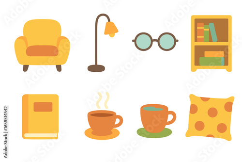 Cozy Reading Icons. Flat vector mini-illustrations cozy reading nook in colors children's illustrations: