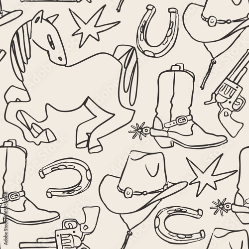 Wild west symbols. Outline trendy style. Horse, cowboy boot, hat, revolver pistol, horse shoe. Hand drawn trendy Vector illustration. Square seamless Pattern, background, wallpaper