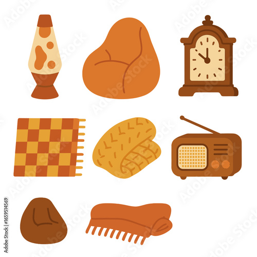 Cozy Retro Icons. Flat vector mini-illustrations Cozy retro home in colors children's illustrations: lava lamp