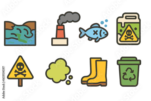 Environmental Hazards Icons. Flat vector mini-illustrations environmental toxicity in colors children's illustrations: polluted