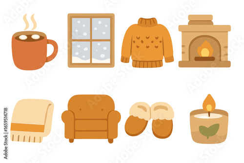 Cozy Winter Icons. Flat vector mini-illustrations Winter relaxation indoors in colors children's illustrations
