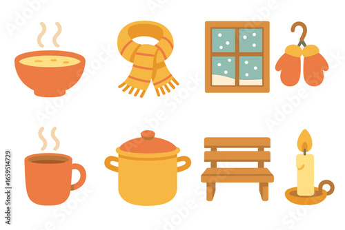 Cozy Winter Warmth. Flat vector mini-illustrations Warming up with hot meals in colors children's