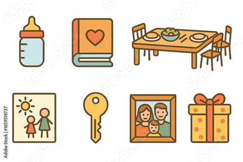 Family Keepsakes Illustrated. Flat vector mini-illustrations precious family items in colors children's illustrations: baby bottle