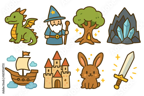 Fantasy Icons Grid. Flat vector mini-illustrations fantasy sketch ideas in colors children's illustrations: dragon sketch, wizard