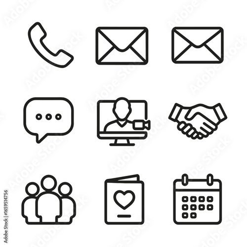 Family Communication Icons. Outline icon set of family communication: phone, letter, email, chat bubble, video call, handshake,