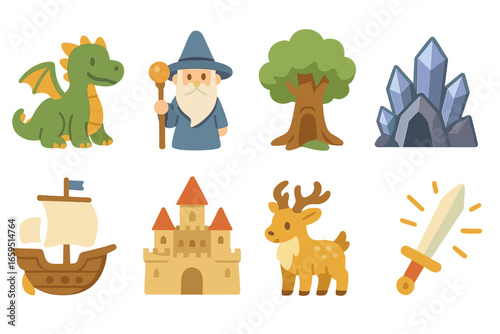Fantasy Icons Grid. Flat vector mini-illustrations fantasy sketch ideas in colors children's illustrations: dragon sketch, wizard